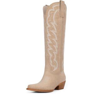 Women Suede Beige Embroidered Fabric Cowboy Pull on Western Knee High Boots